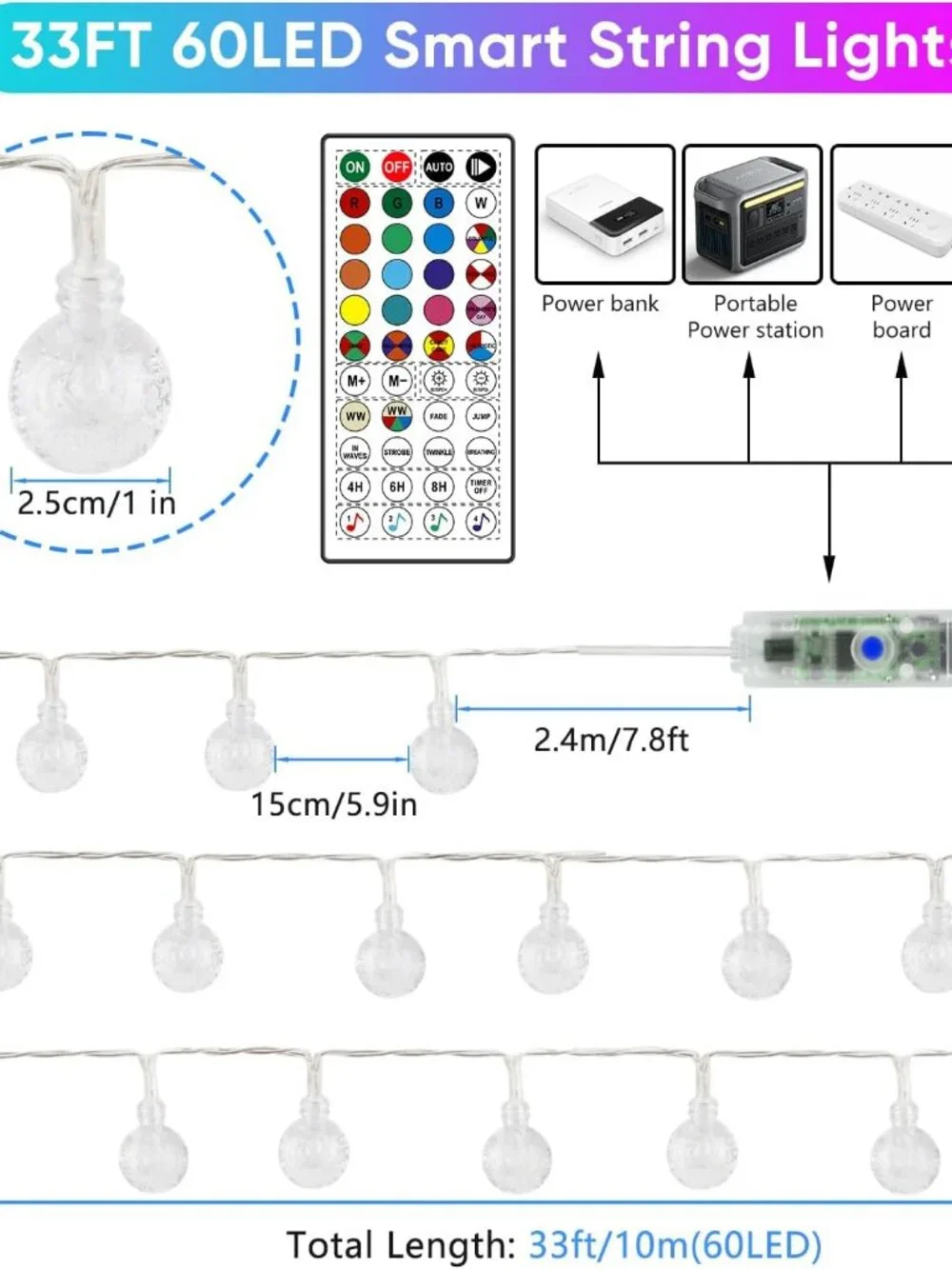 Smart Color Changing Fairy String Lights, USB, 33FT 60LED APP Control, NIB